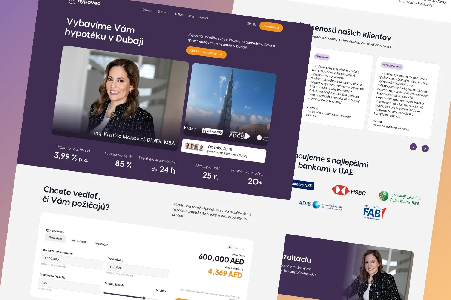 Web hypovea.com, sprostredkovanie hypoték v Dubaji, fialový hero s číslami a portrétom