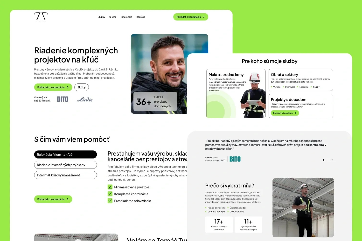 Web projektového manažéra, zelený brand, hero s portrétom a referenciami klientov