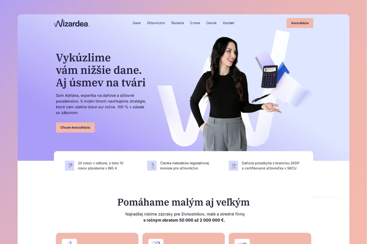 Web wizardea.sk na notebooku, hero sekcia s headline „Vykúzlime vám nižšie dane“ (2)